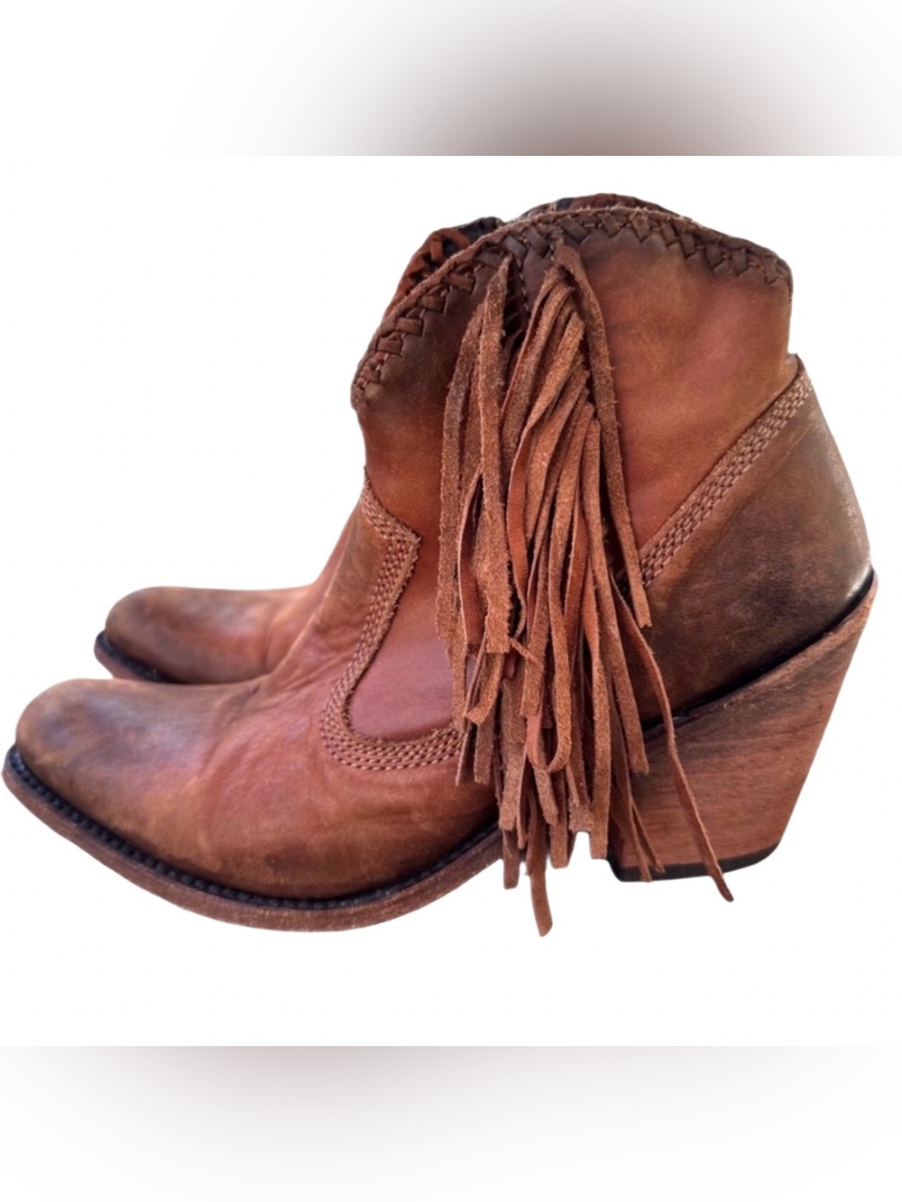 Liberty Black Fringe Ankle Boots Brown Distressed Leather Western Boho Size 7.5